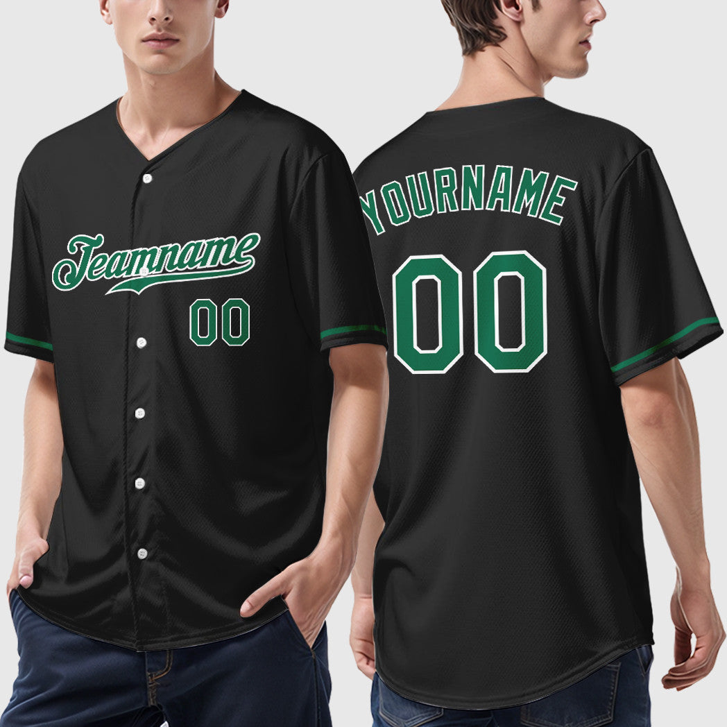 Custom Black White Kelly Green Baseball Jersey