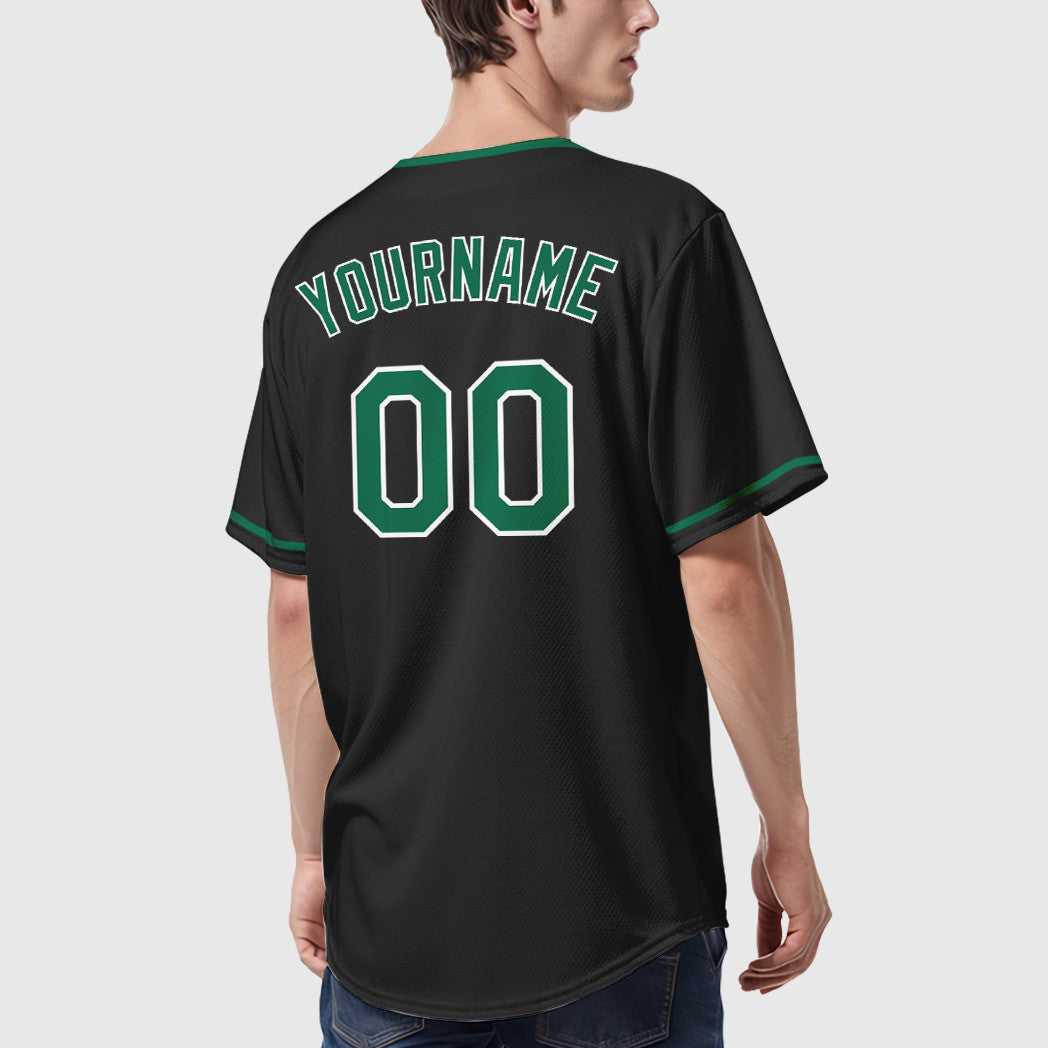 Custom Black White Kelly Green Collar Sleeve Baseball Jersey