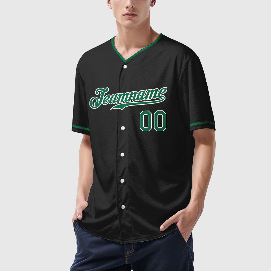 Custom Black White Kelly Green Collar Sleeve Baseball Jersey
