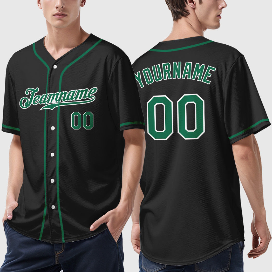 Custom Black White Kelly Green Sleeve Baseball Jersey