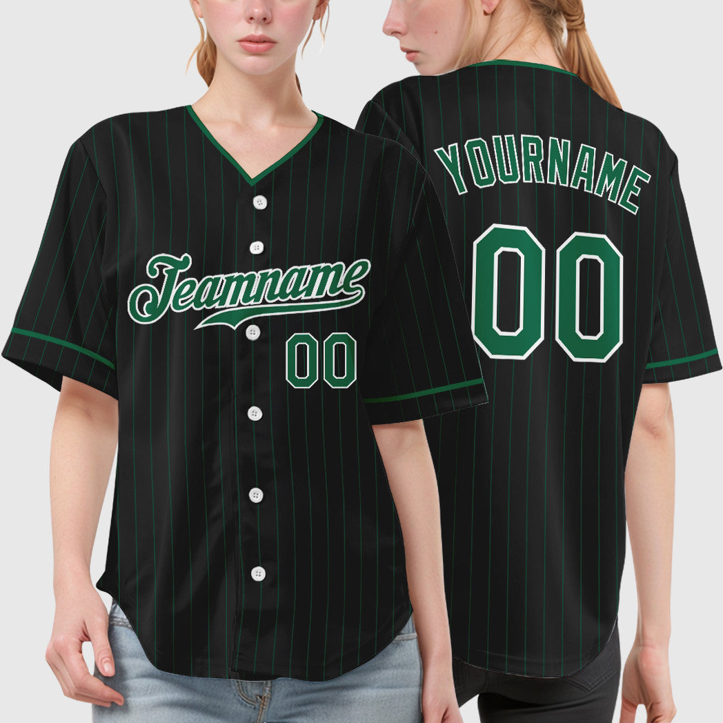 Custom Black White Kelly Green Pinstripe Baseball Jersey