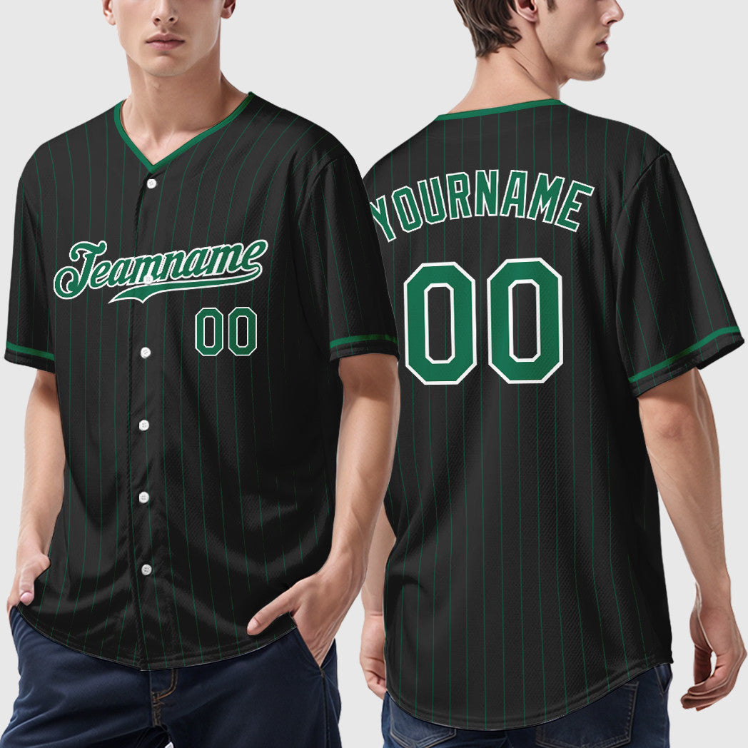 Custom Black White Kelly Green Pinstripe Baseball Jersey