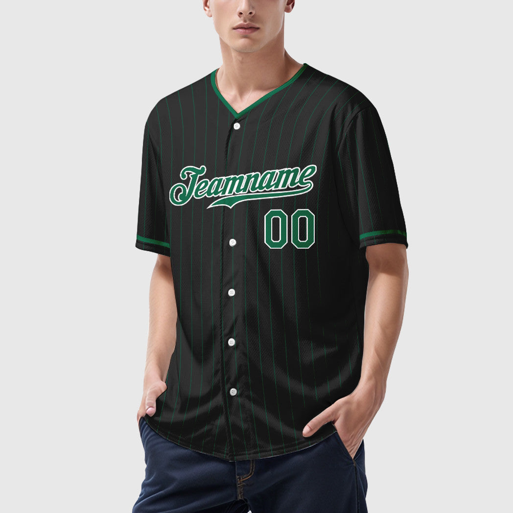 Custom Black White Kelly Green Pinstripe Baseball Jersey