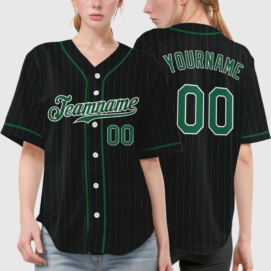Custom Black White Kelly Green Piping Pinstripe Baseball Jersey