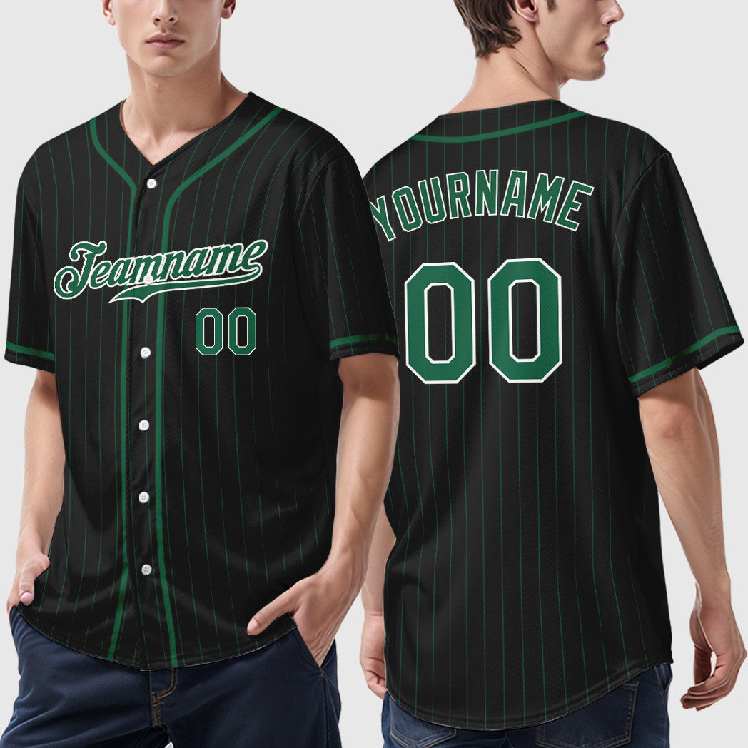 Custom Black White Kelly Green Piping Pinstripe Baseball Jersey