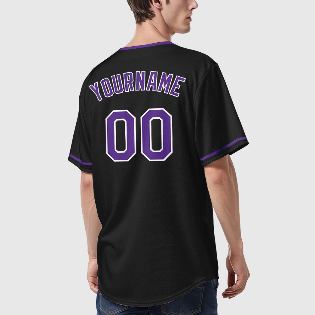 Custom Black White Purple Collar Sleeve Baseball Jersey