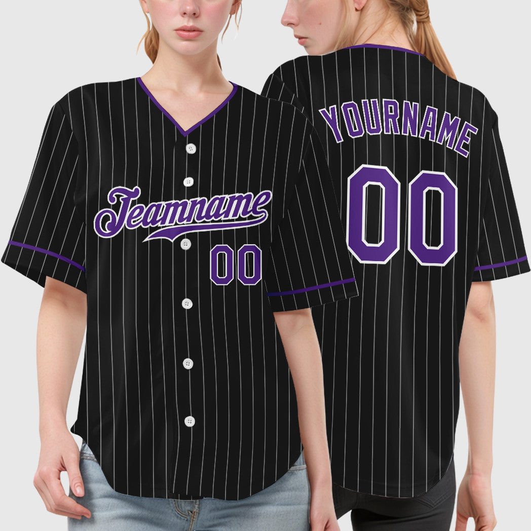 Custom Black White Purple Pinstripe Baseball Jersey