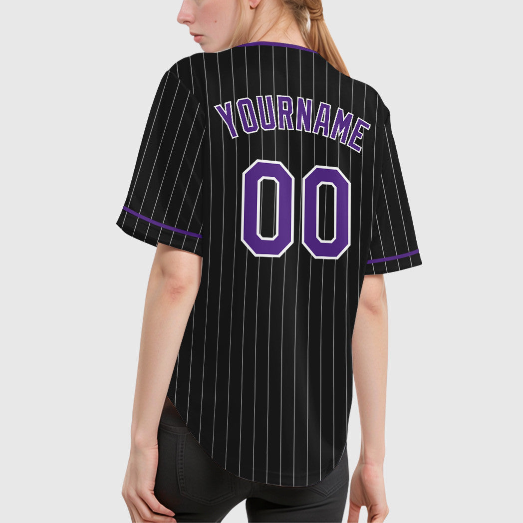 Custom Black White Purple Pinstripe Baseball Jersey