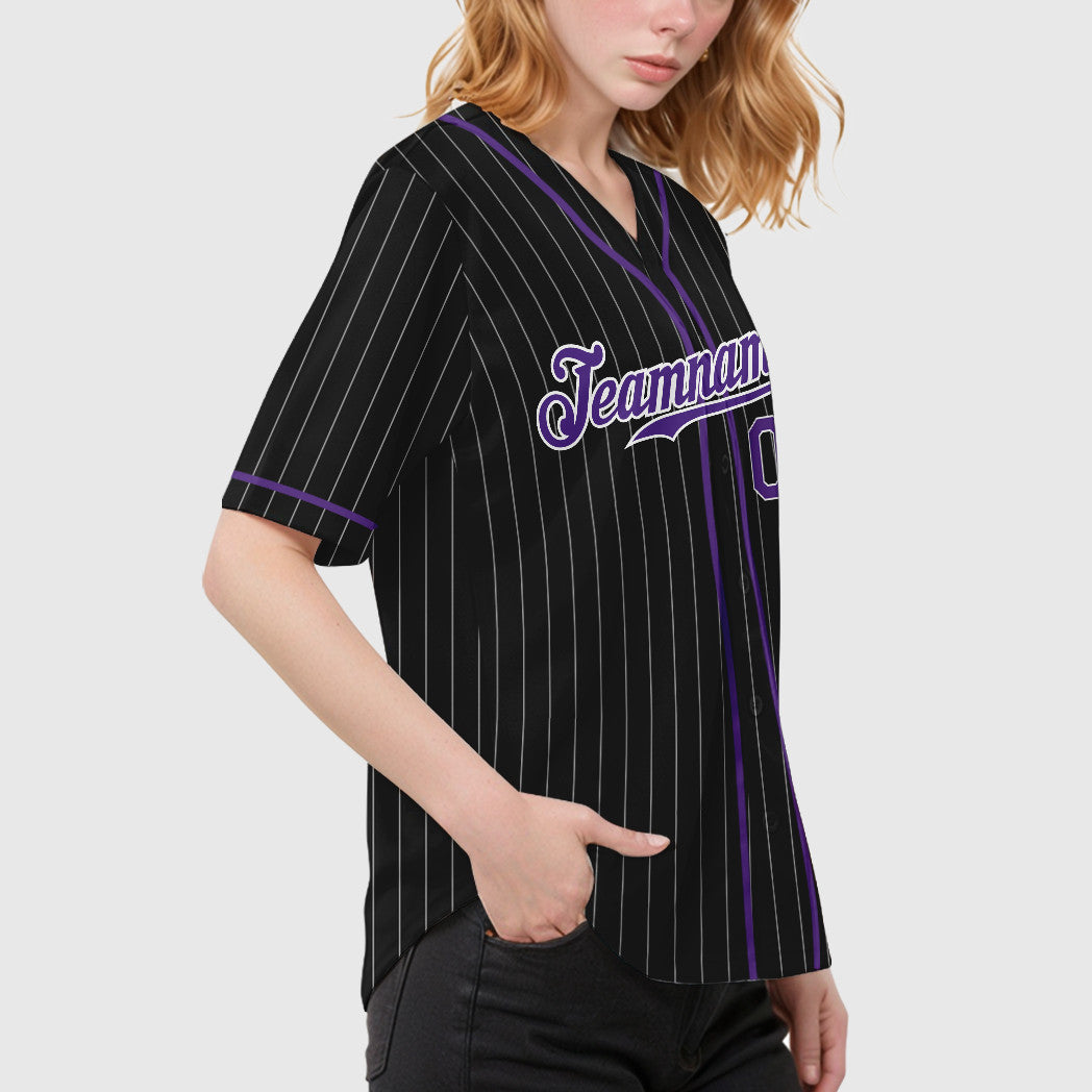 Custom Black White Purple Piping Pinstripe Baseball Jersey