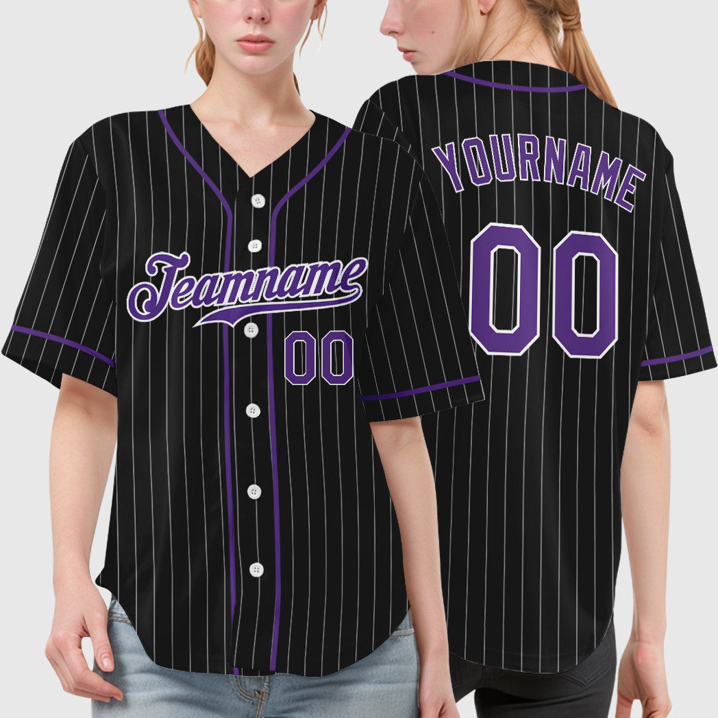 Custom Black White Purple Piping Pinstripe Baseball Jersey
