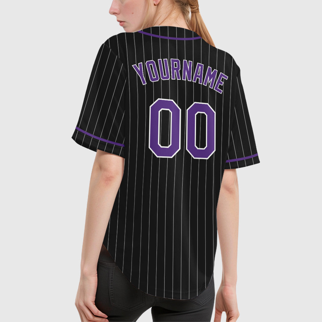 Custom Black White Purple Piping Pinstripe Baseball Jersey