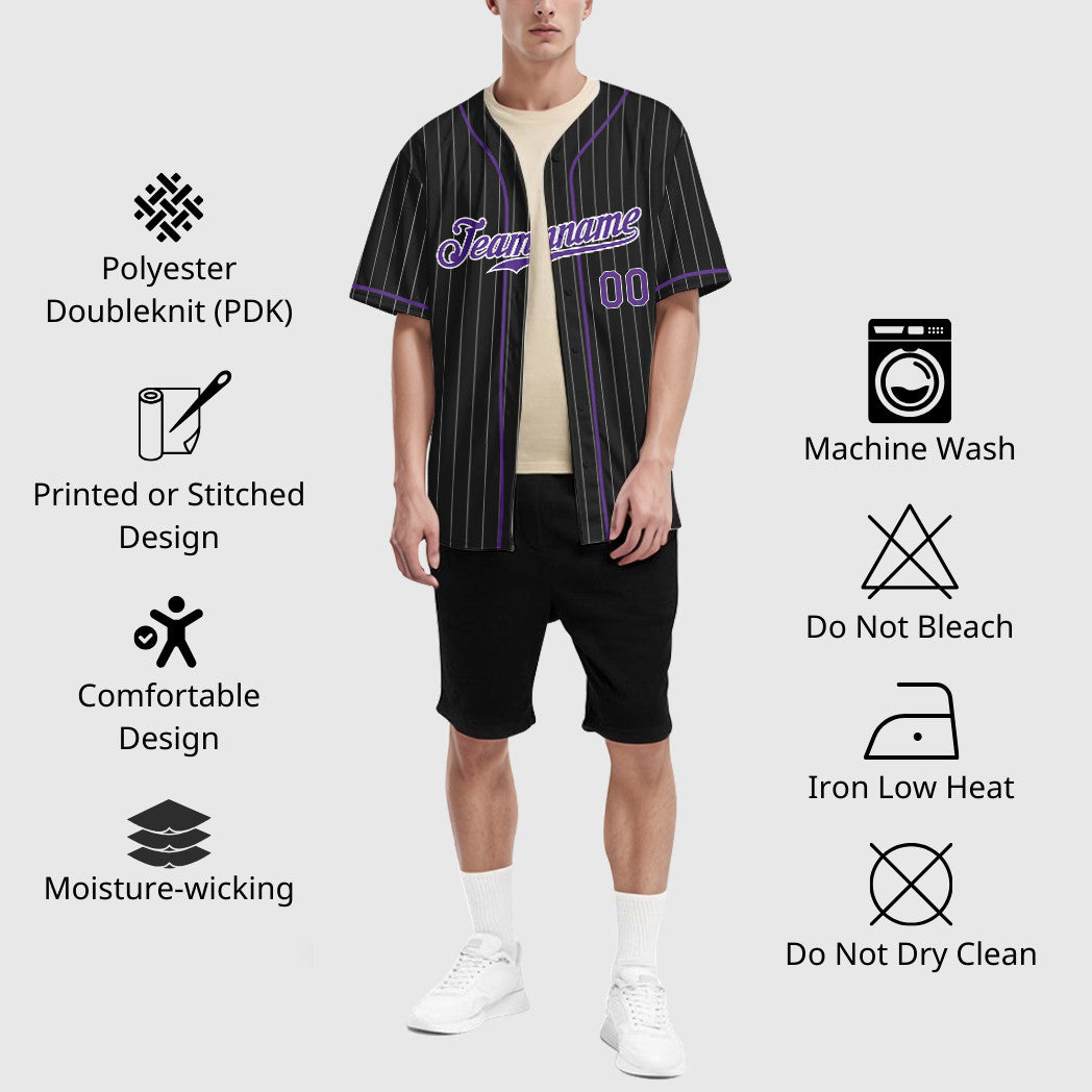 Custom Black White Purple Piping Pinstripe Baseball Jersey
