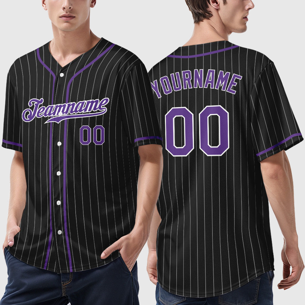 Custom Black White Purple Piping Pinstripe Baseball Jersey