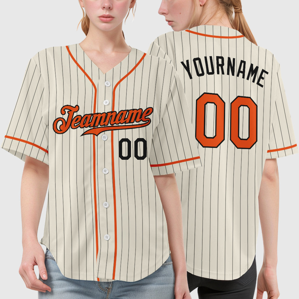 Custom Cream Orange-Black Piping Pinstripe Baseball Jersey
