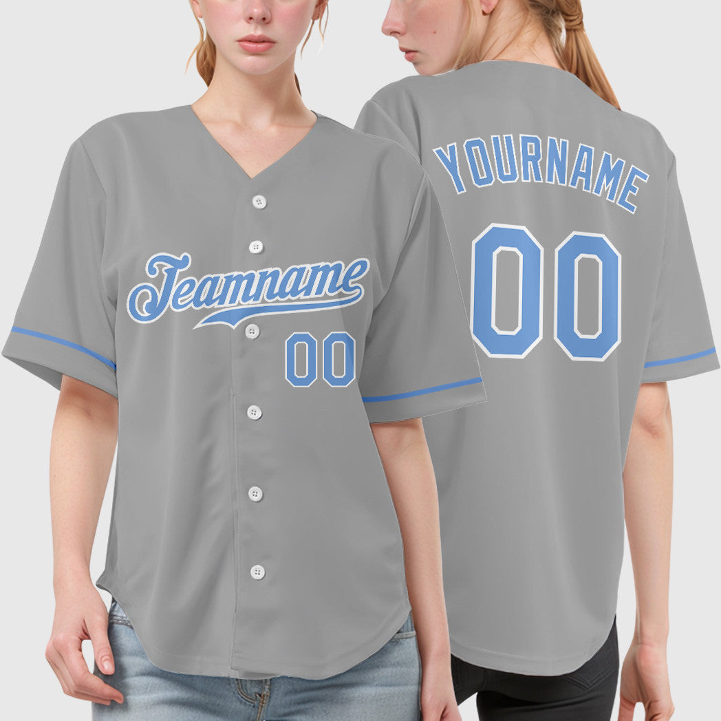 Custom Gray Light Blue-White Baseball Jersey