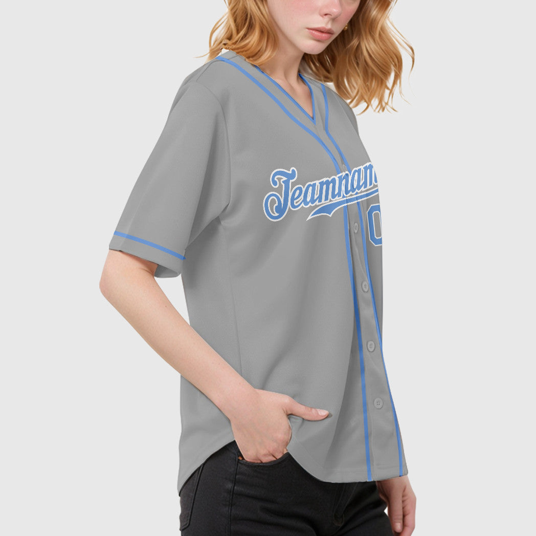 Custom Gray Light Blue-White Piping Baseball Jersey