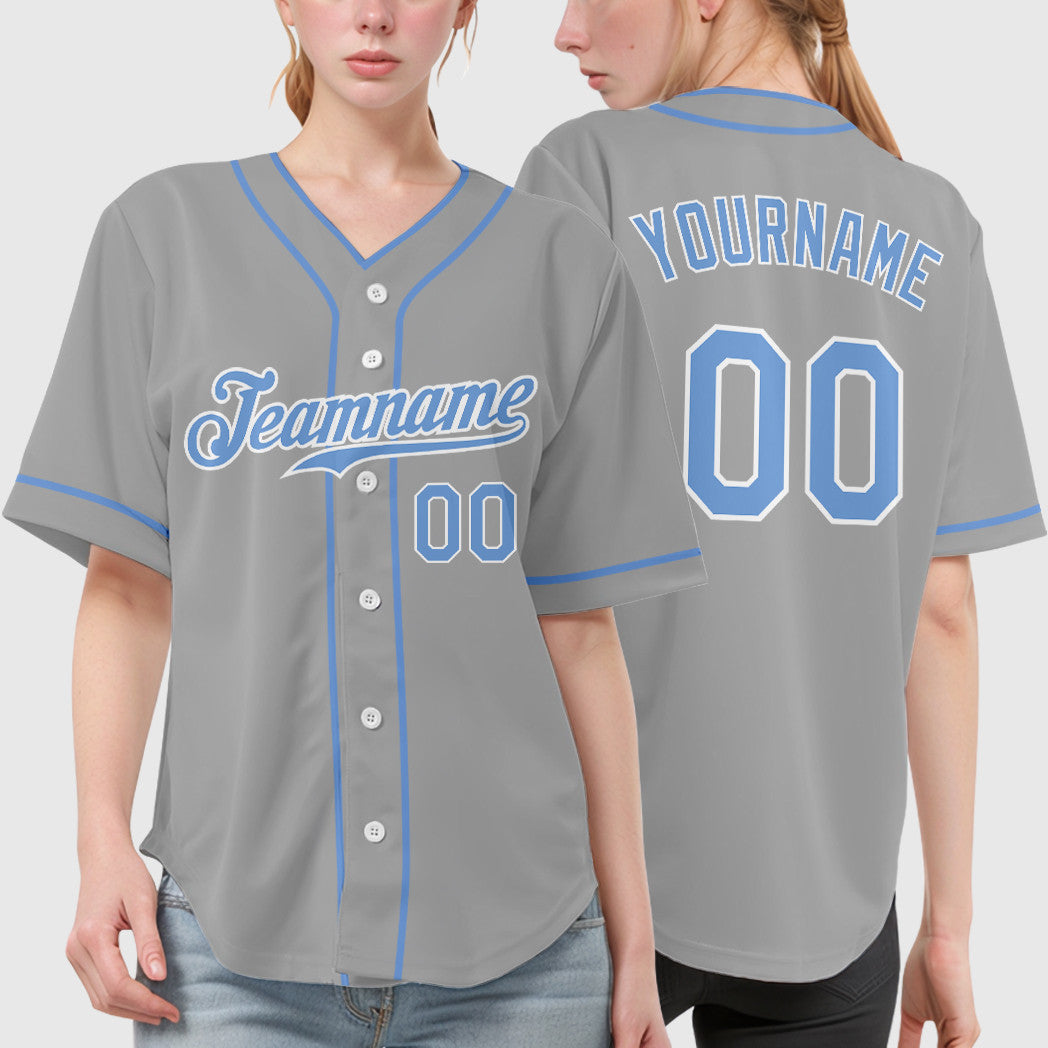 Custom Gray Light Blue-White Piping Baseball Jersey