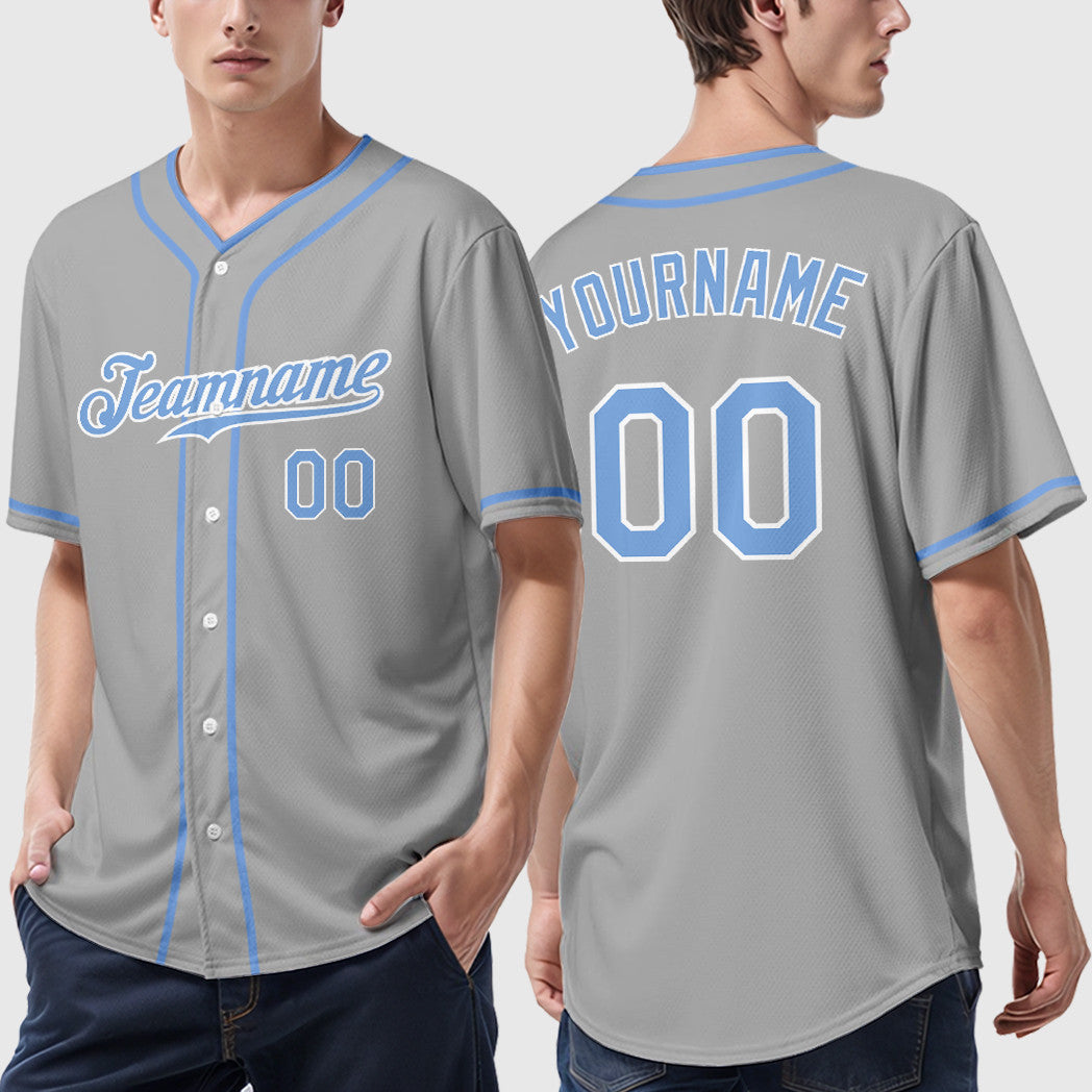 Custom Gray Light Blue-White Piping Baseball Jersey
