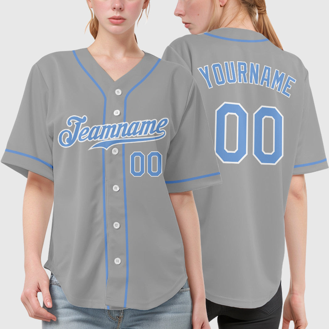Custom Gray Light Blue-White Sleeve Baseball Jersey