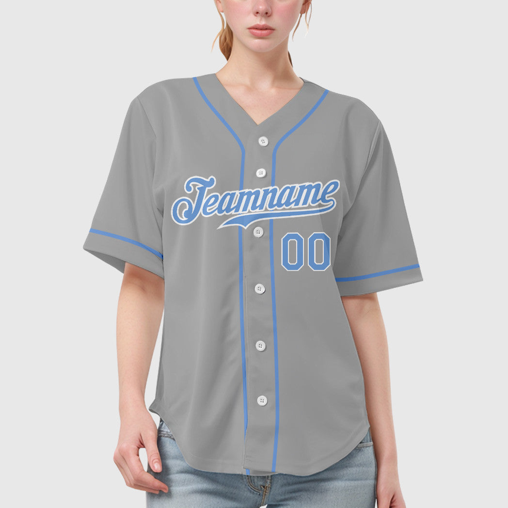 Custom Gray Light Blue-White Sleeve Baseball Jersey