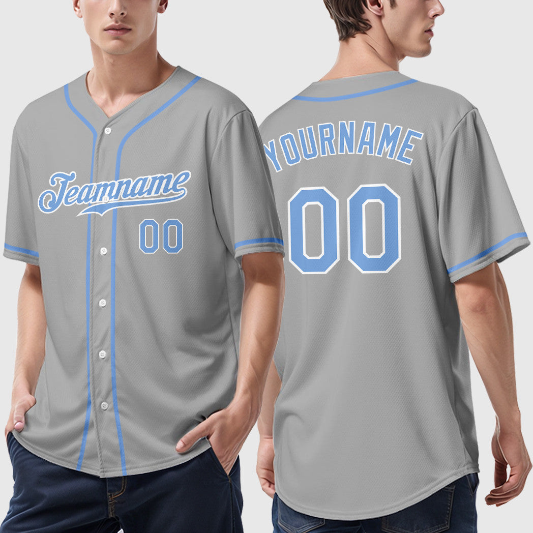 Custom Gray Light Blue-White Sleeve Baseball Jersey