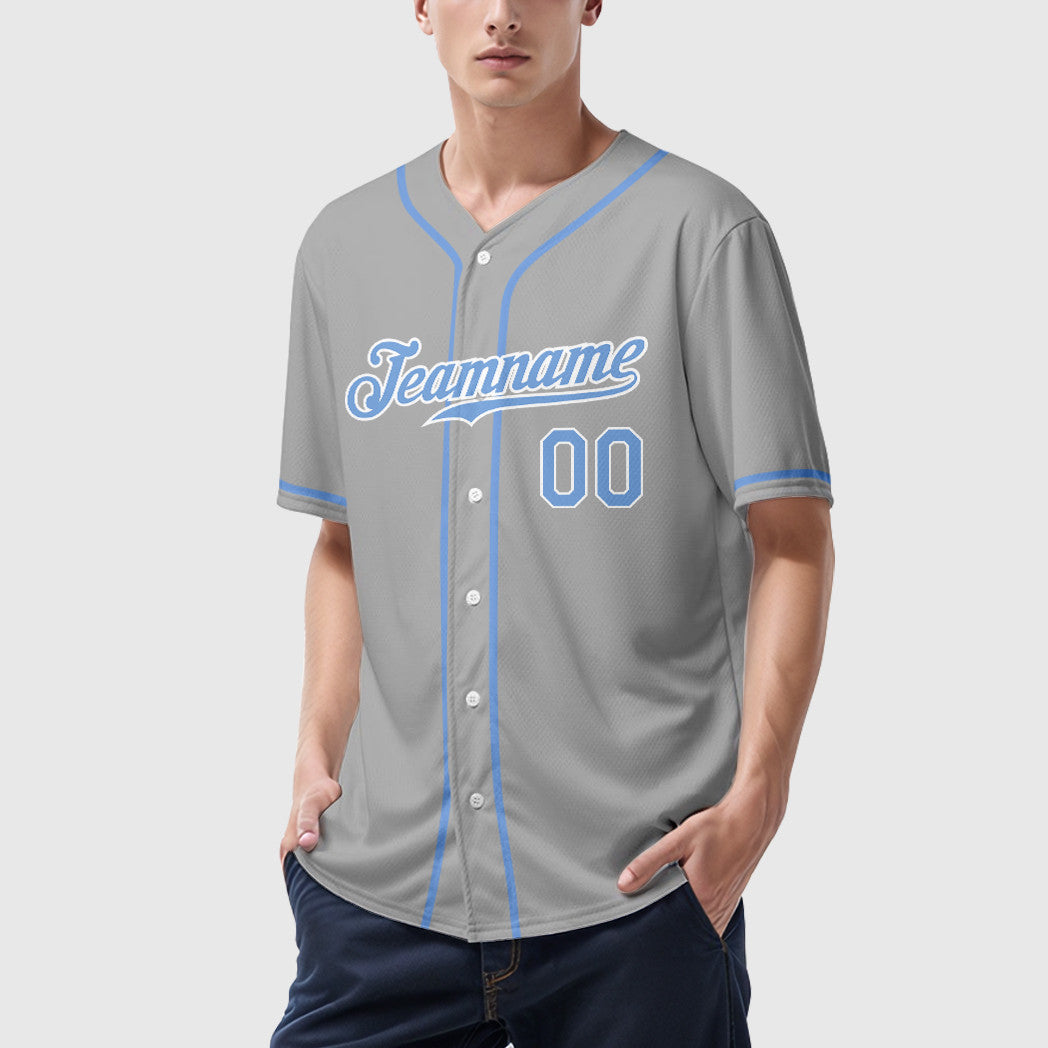 Custom Gray Light Blue-White Sleeve Baseball Jersey
