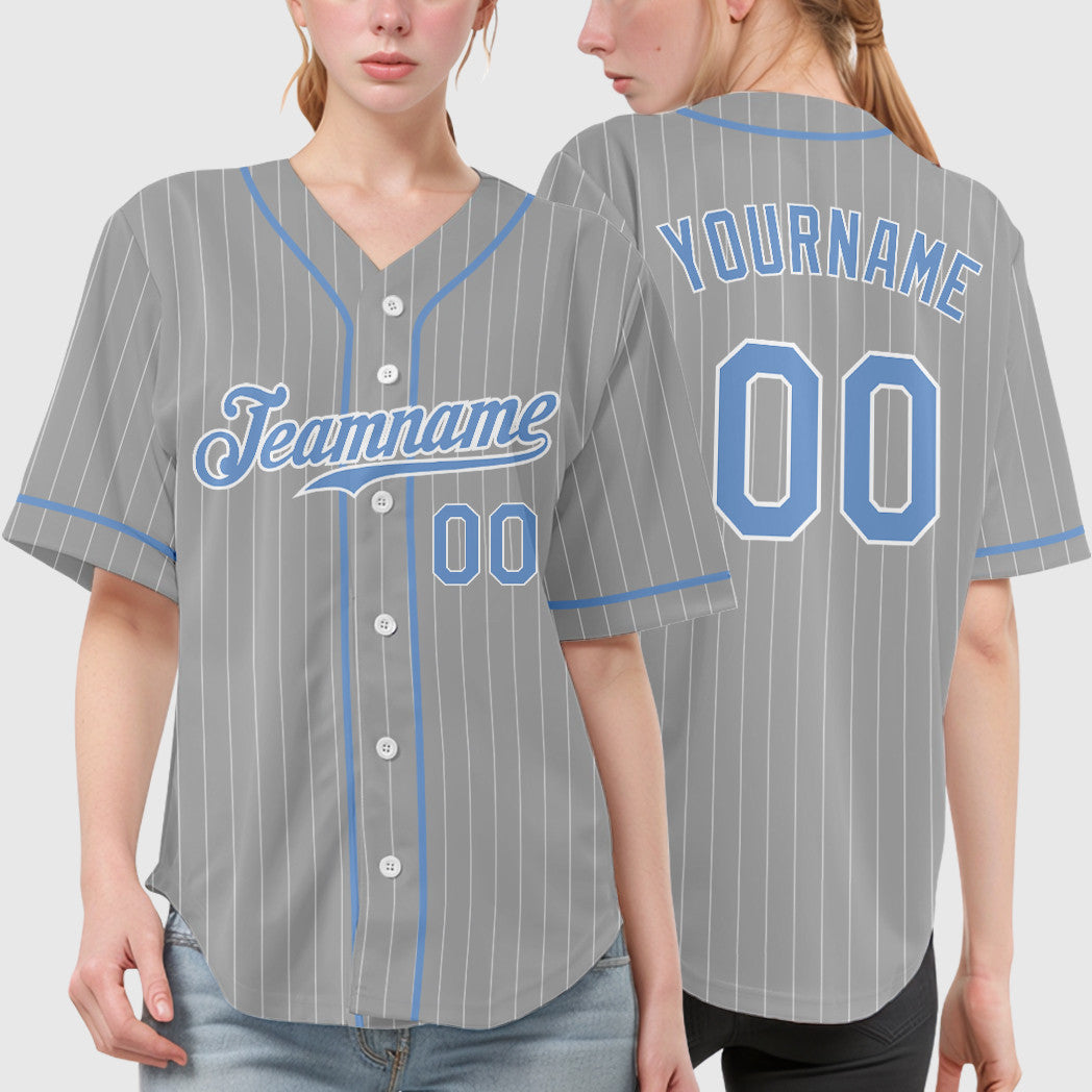 Custom Gray Light Blue-White Piping Pinstripe Baseball Jersey