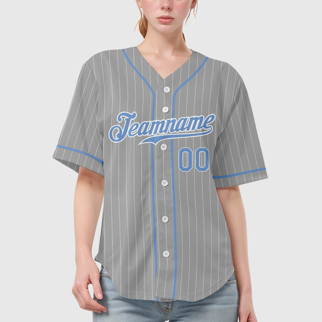 Custom Gray Light Blue-White Piping Pinstripe Baseball Jersey