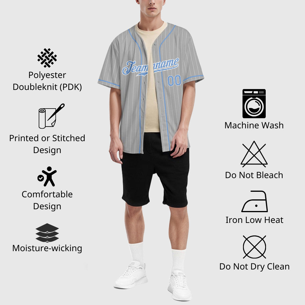 Custom Gray Light Blue-White Piping Pinstripe Baseball Jersey
