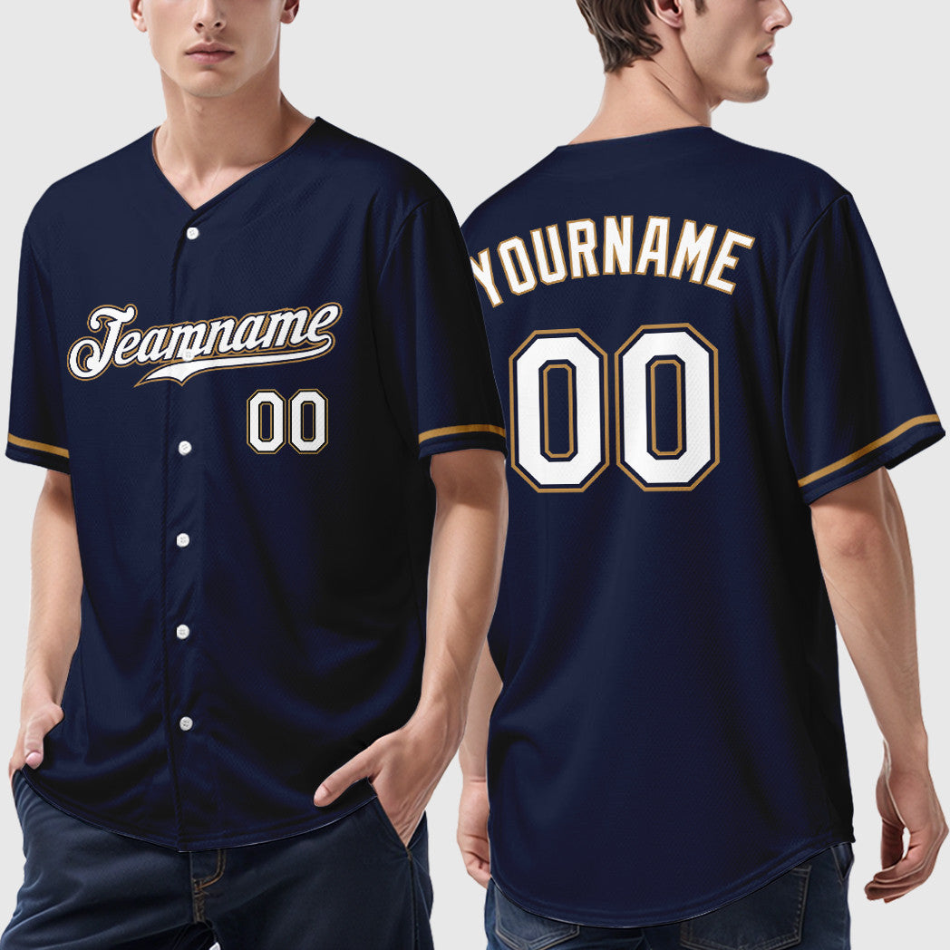 Custom Navy White-Old Gold Baseball Jersey