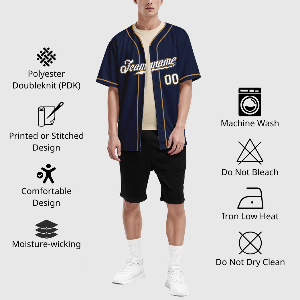 Custom Navy White-Old Gold Piping Baseball Jersey