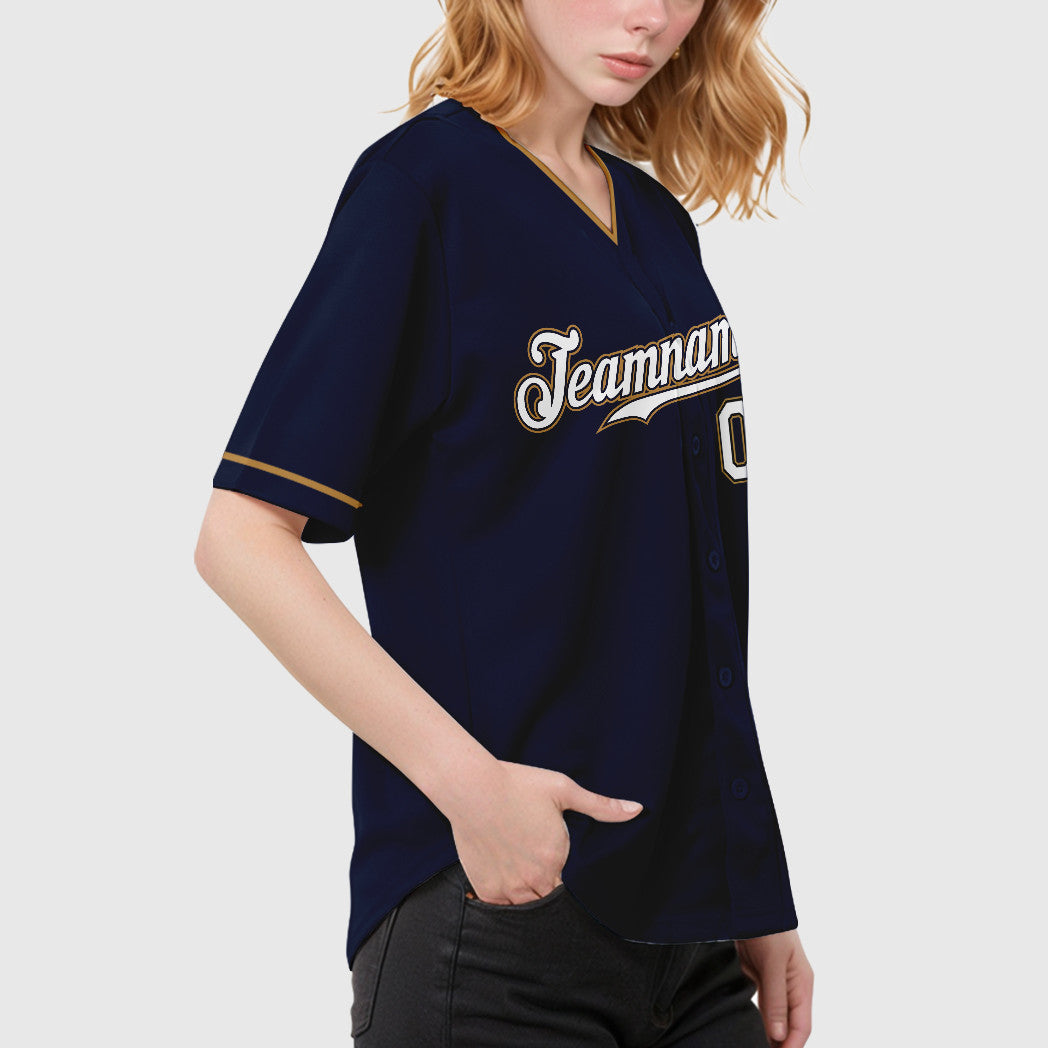 Custom Navy White-Old Gold Collar Sleeve Baseball Jersey