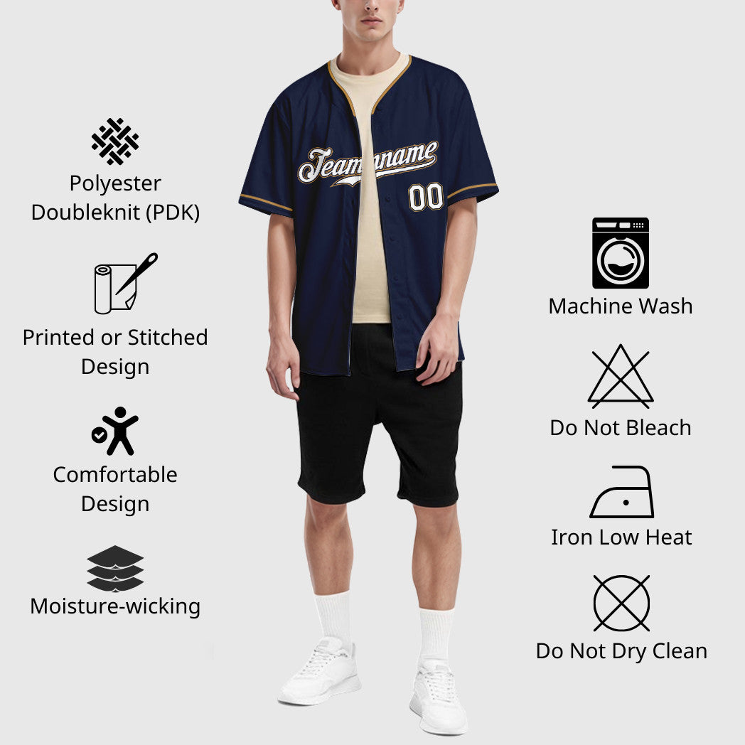 Custom Navy White-Old Gold Collar Sleeve Baseball Jersey