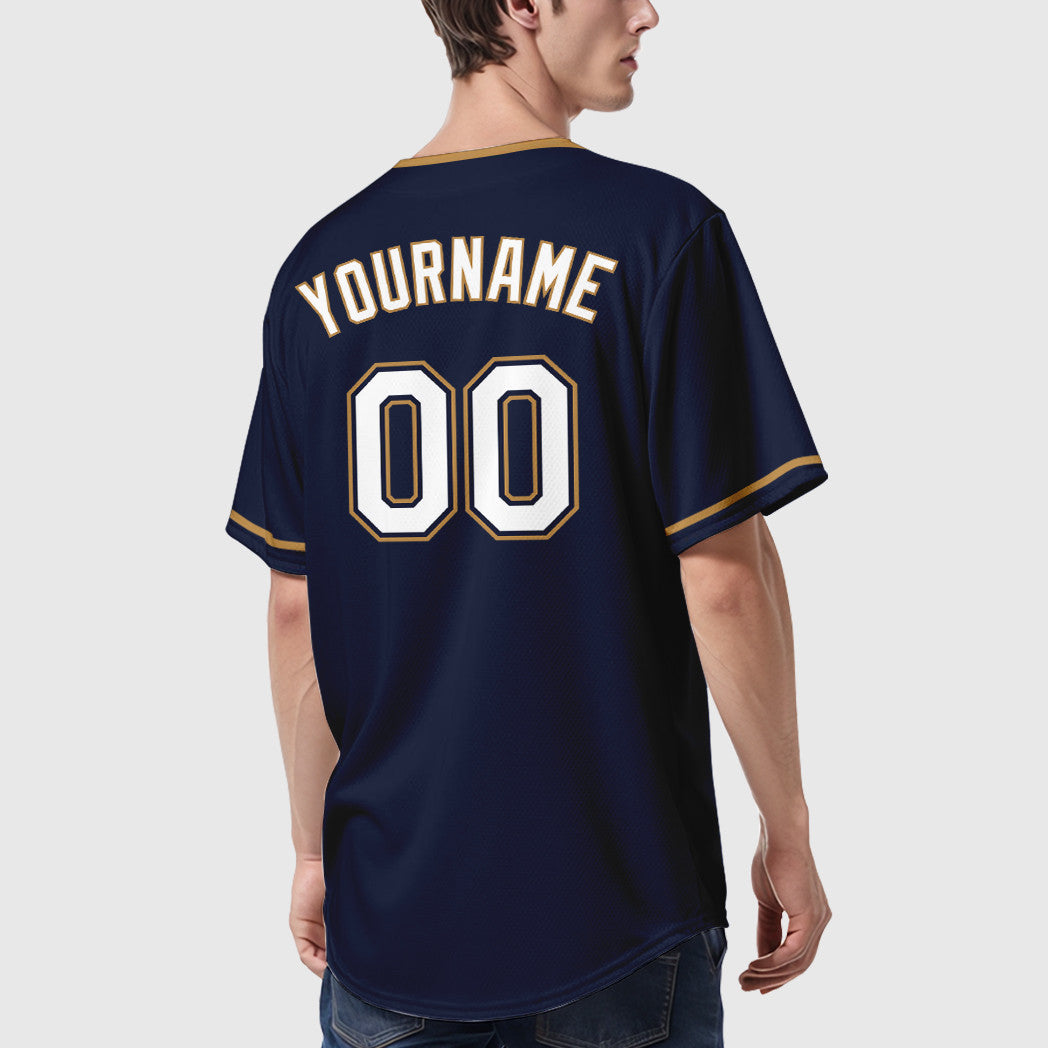 Custom Navy White-Old Gold Collar Sleeve Baseball Jersey