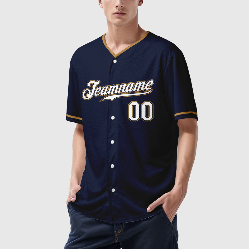 Custom Navy White-Old Gold Collar Sleeve Baseball Jersey