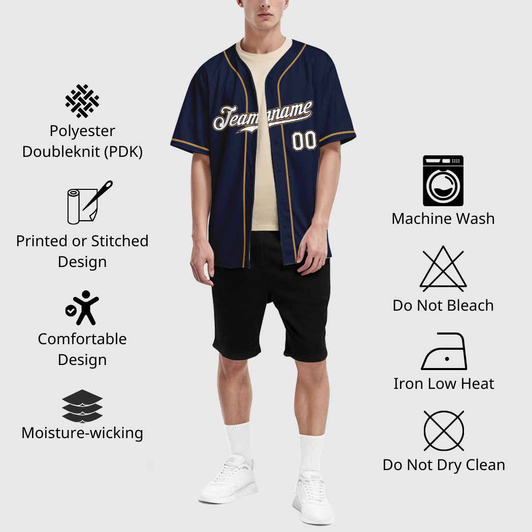 Custom Navy White-Old Gold Sleeve Baseball Jersey