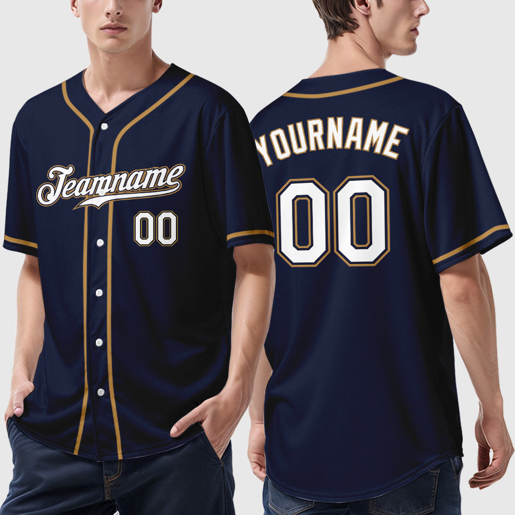 Custom Navy White-Old Gold Sleeve Baseball Jersey