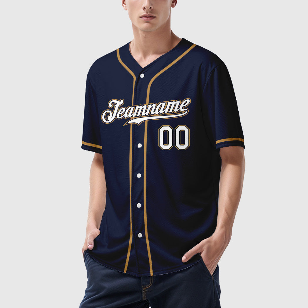 Custom Navy White-Old Gold Sleeve Baseball Jersey