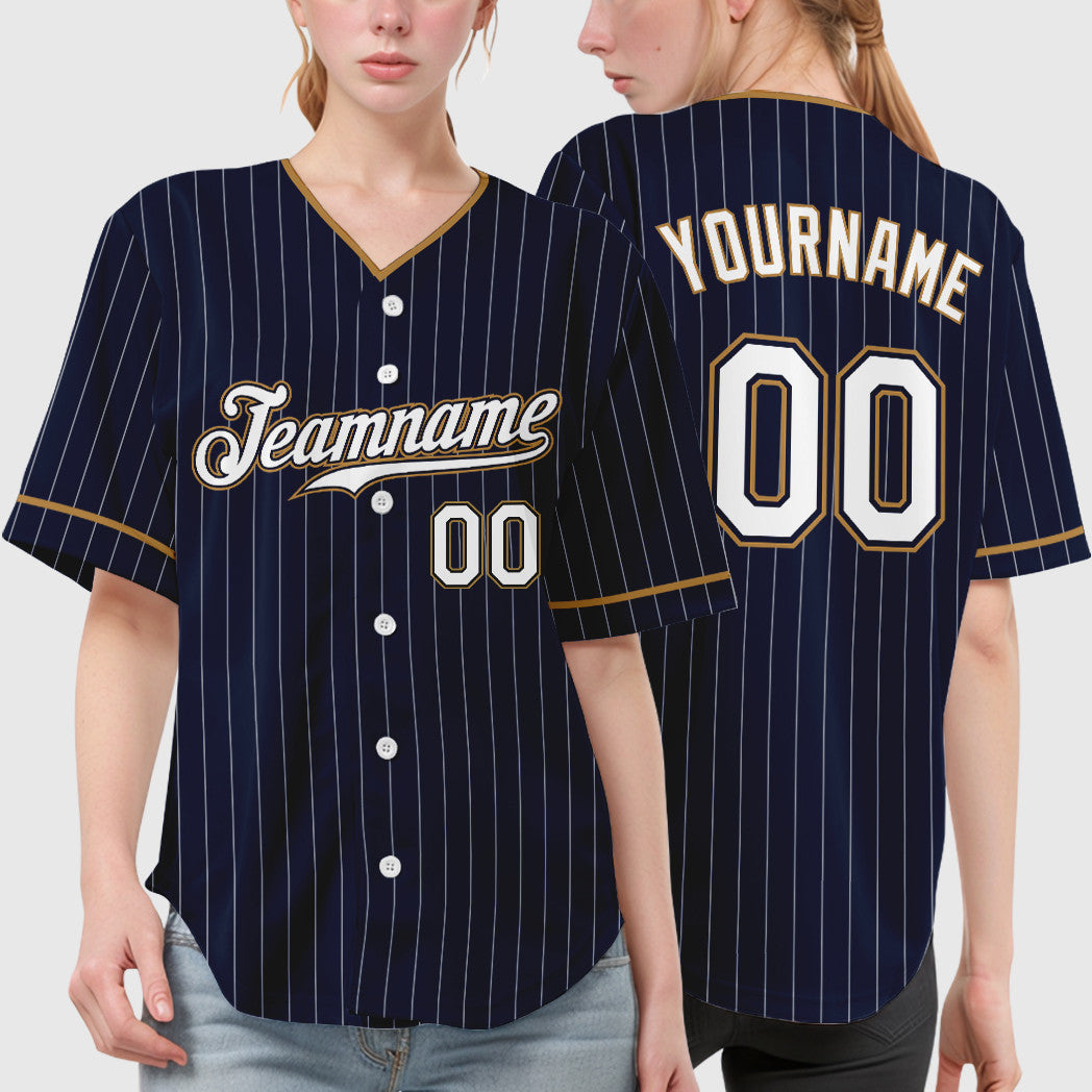 Custom Navy White-Old Gold Pinstripe Baseball Jersey