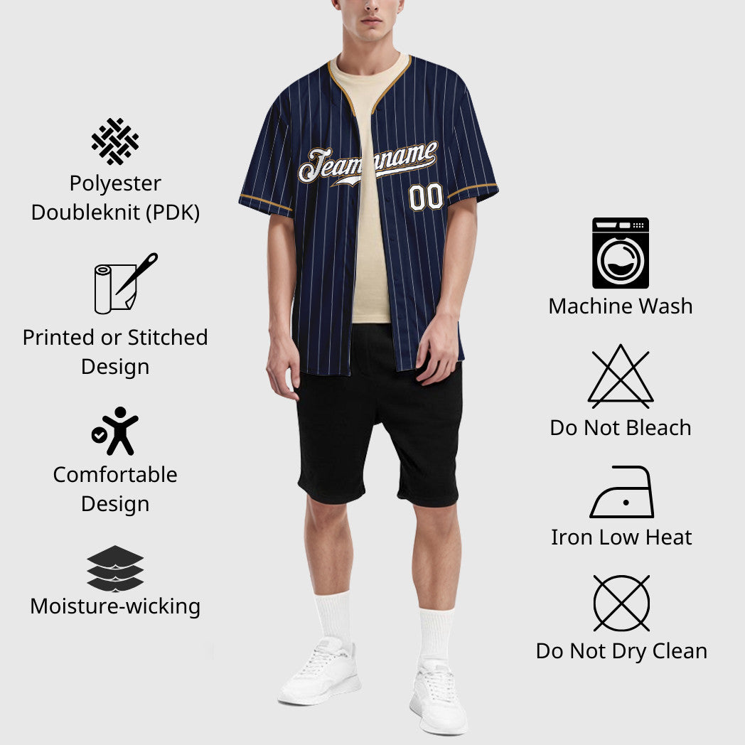 Custom Navy White-Old Gold Pinstripe Baseball Jersey
