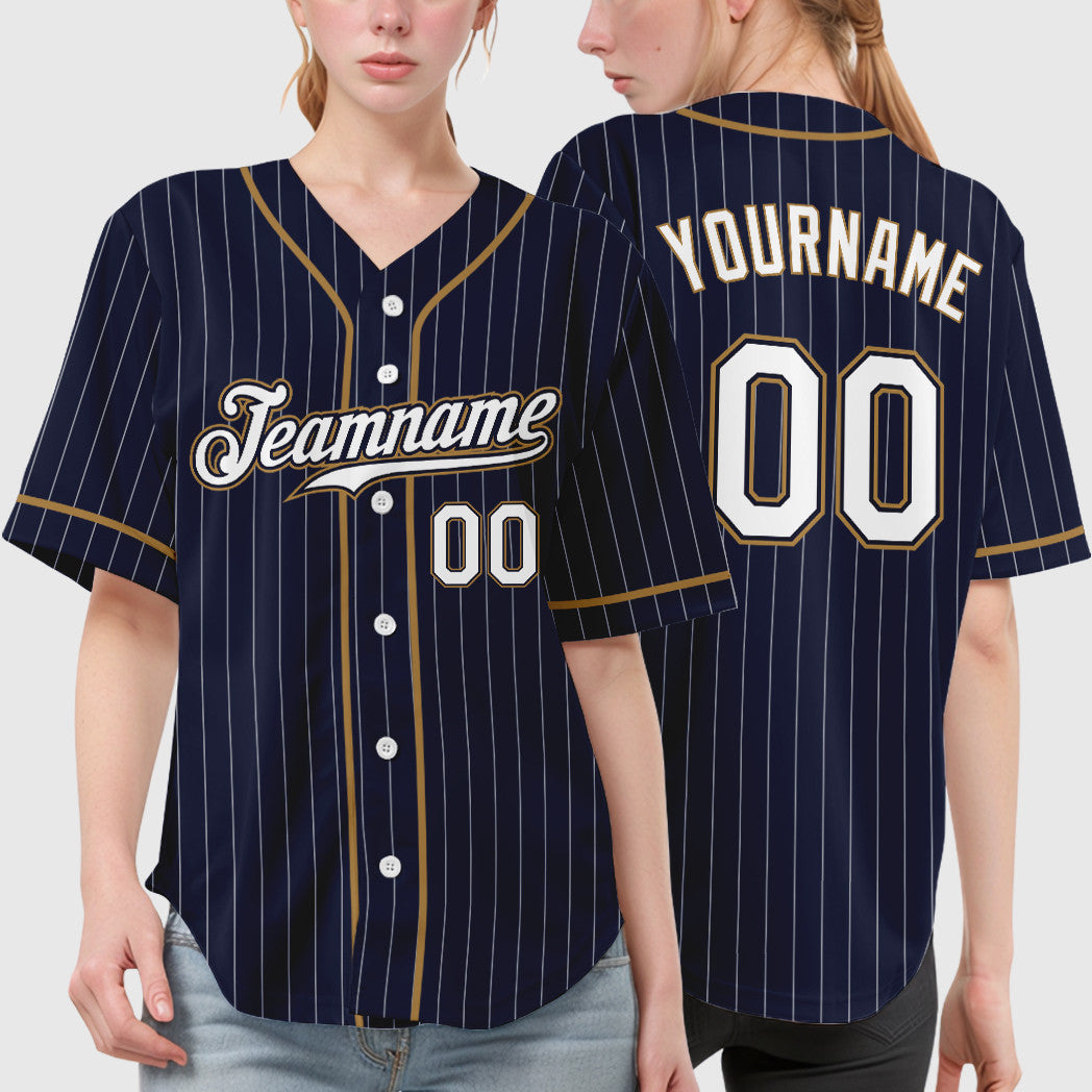 Custom Navy White-Old Gold Piping Pinstripe Baseball Jersey