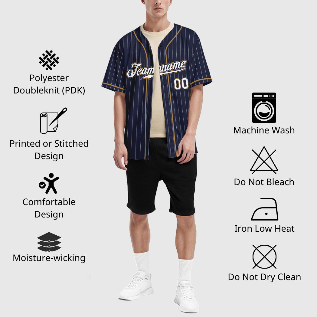 Custom Navy White-Old Gold Piping Pinstripe Baseball Jersey