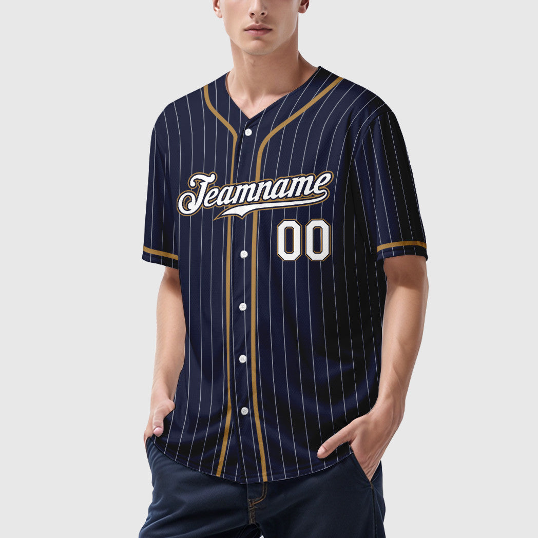 Custom Navy White-Old Gold Piping Pinstripe Baseball Jersey