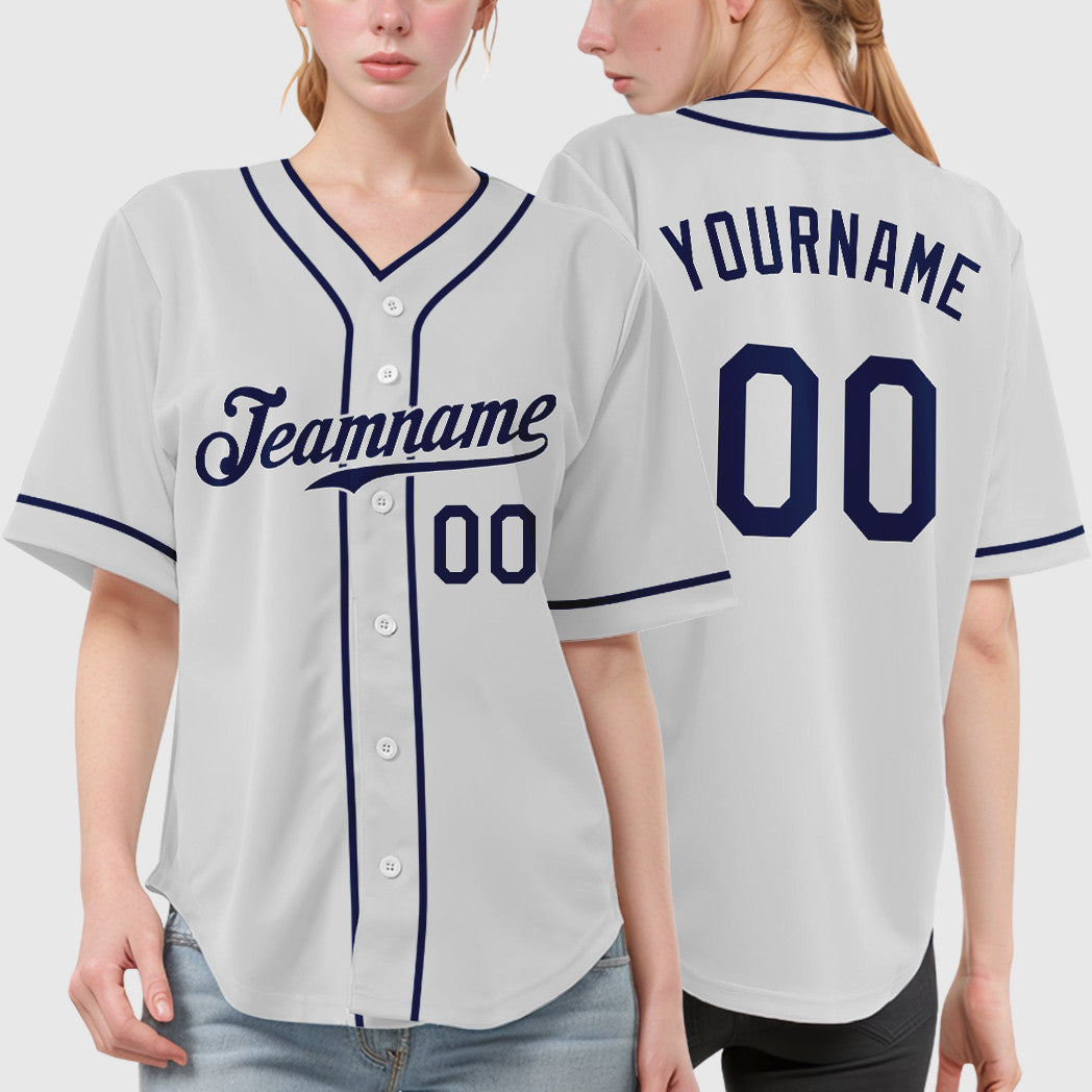 Custom White Navy Piping Baseball Jersey