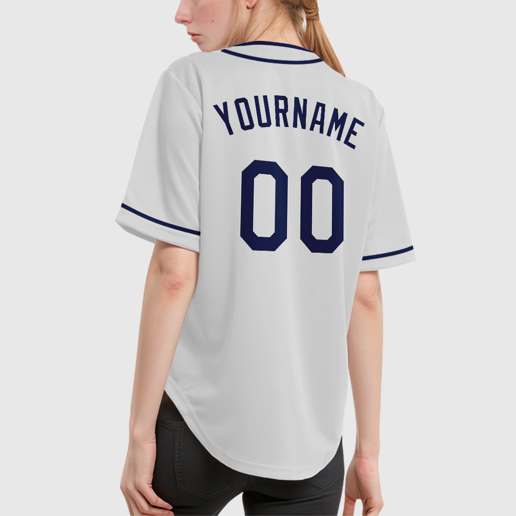 Custom White Navy Piping Baseball Jersey