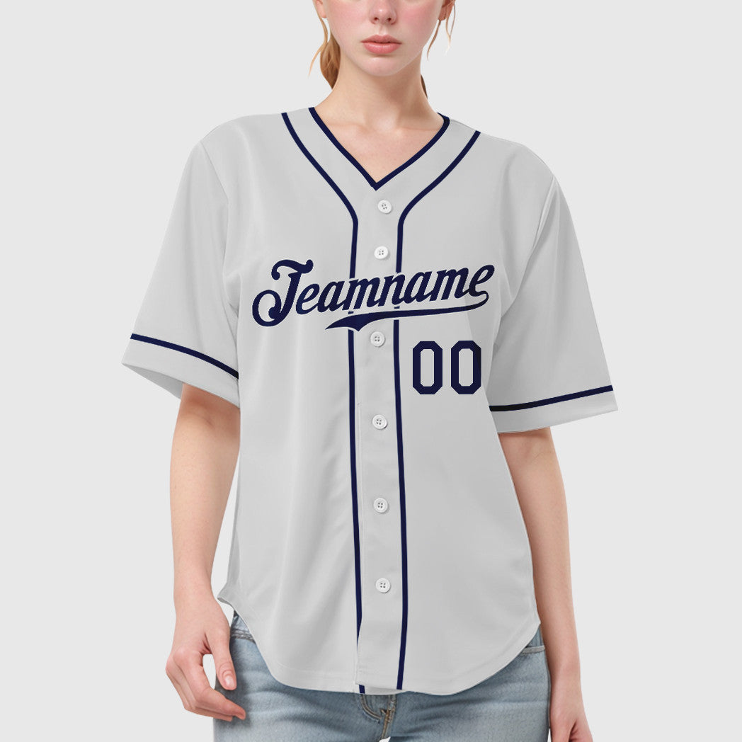 Custom White Navy Piping Baseball Jersey