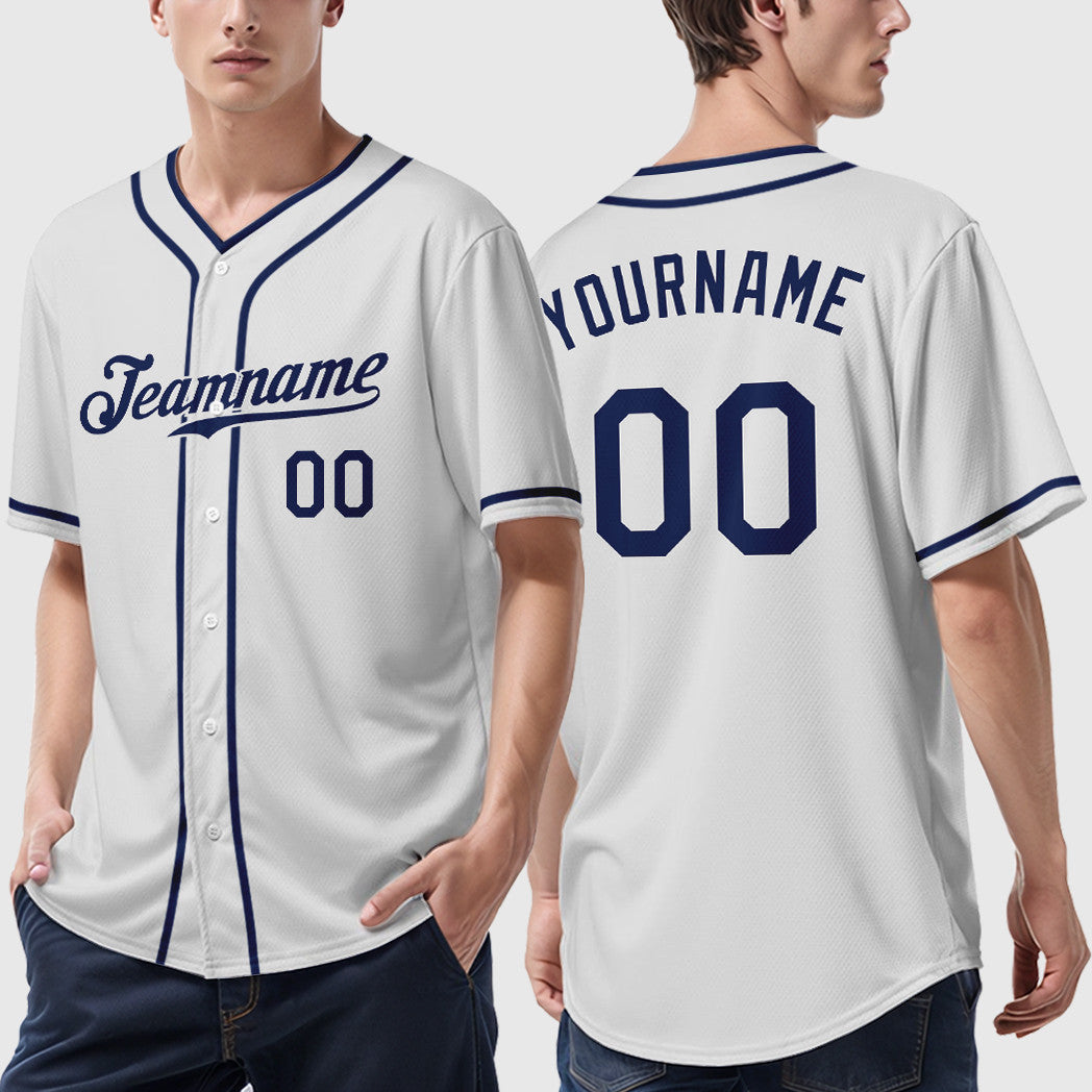 Custom White Navy Piping Baseball Jersey