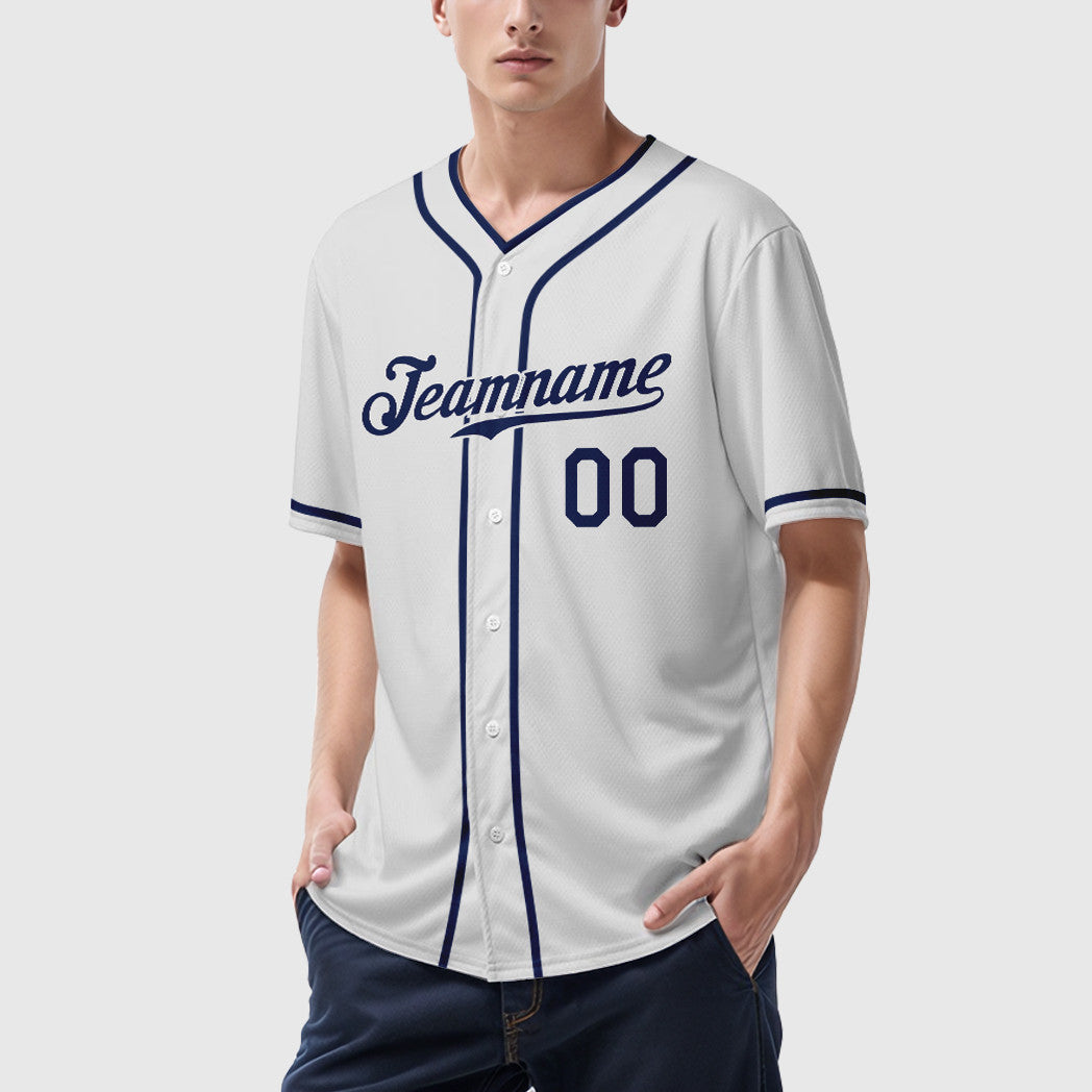 Custom White Navy Piping Baseball Jersey