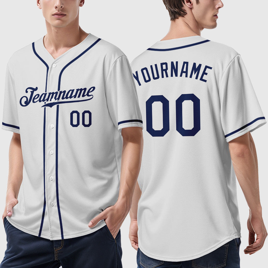 Custom White Navy Sleeve Baseball Jersey