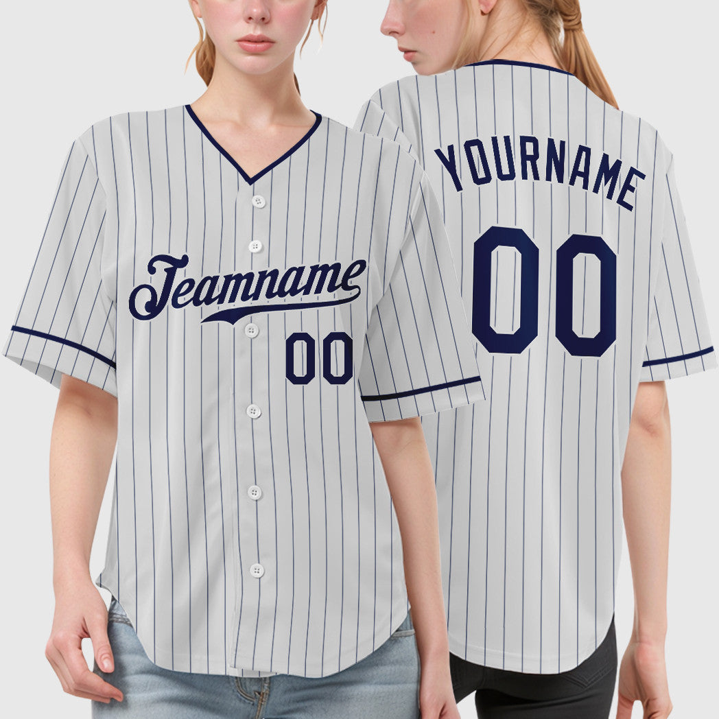 Custom White Navy Pinstripe Baseball Jersey